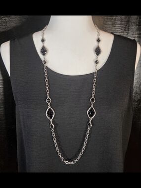 Vintage Stein Mart Silver Black Rhinestone Station Chain Necklace MINT